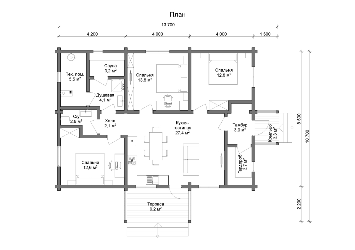 Планировка №1 - Проект одноэтажного дома из бруса 8,5 х 12 ДБ-3 Планировка №1 - Проект одноэтажного дома из бруса 8,5 х 12 ДБ-3