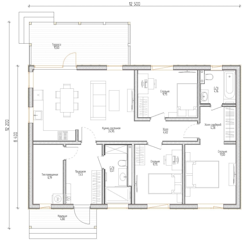 Планировка - Каркасный дом 8,4х12,5 (Проект Нахимов)