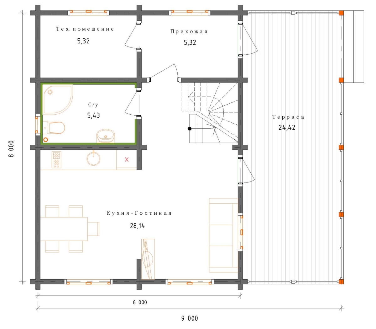 Планировка №1 - Деревянный дом из бруса 8х9 ДБ-78 Планировка №1 - Деревянный дом из бруса 8х9 ДБ-78