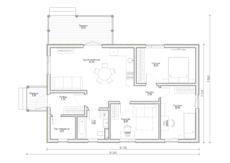 Планировка - Каркасный дом 7,5х12 (Проект К-87)