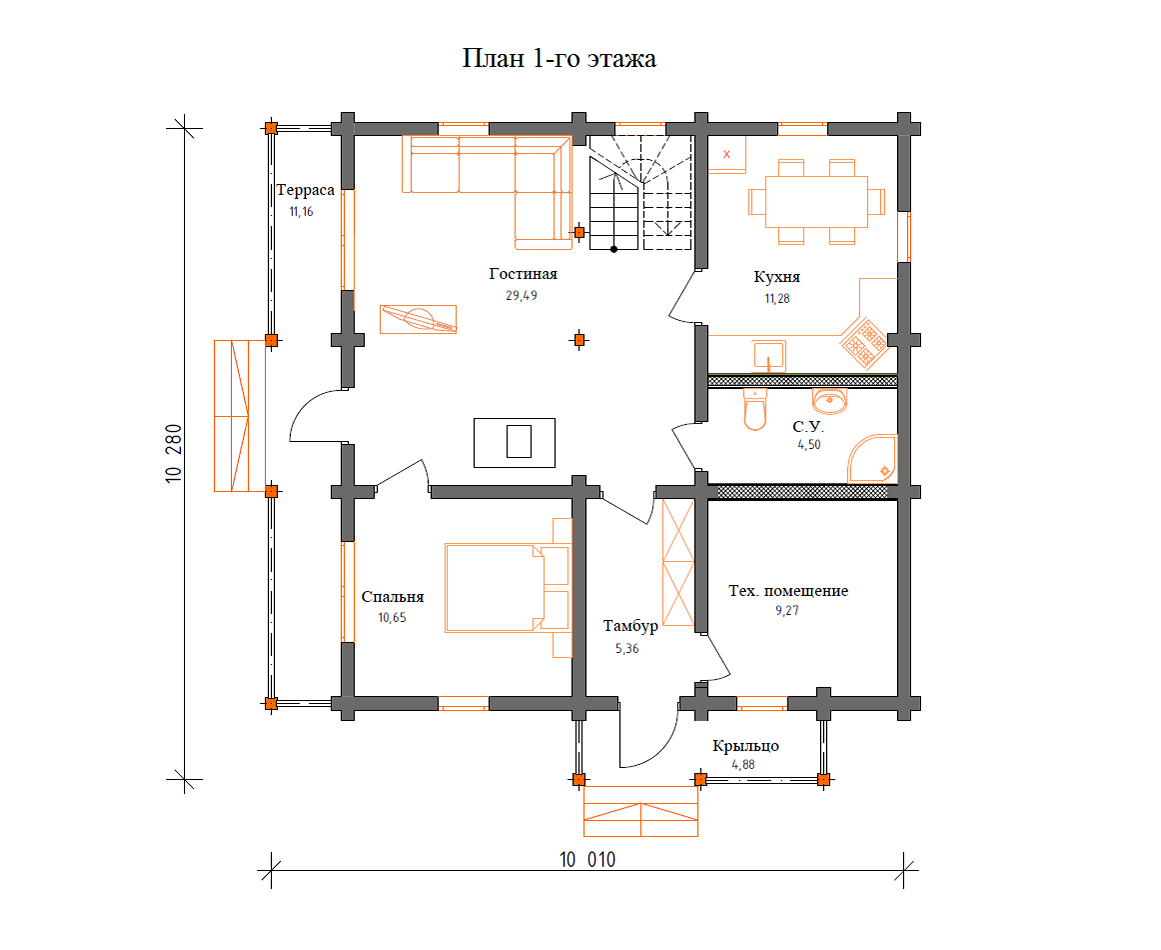 Планировка №1 - Дом 10x10 из бруса ДБ-48 Планировка №1 - Дом 10x10 из бруса ДБ-48