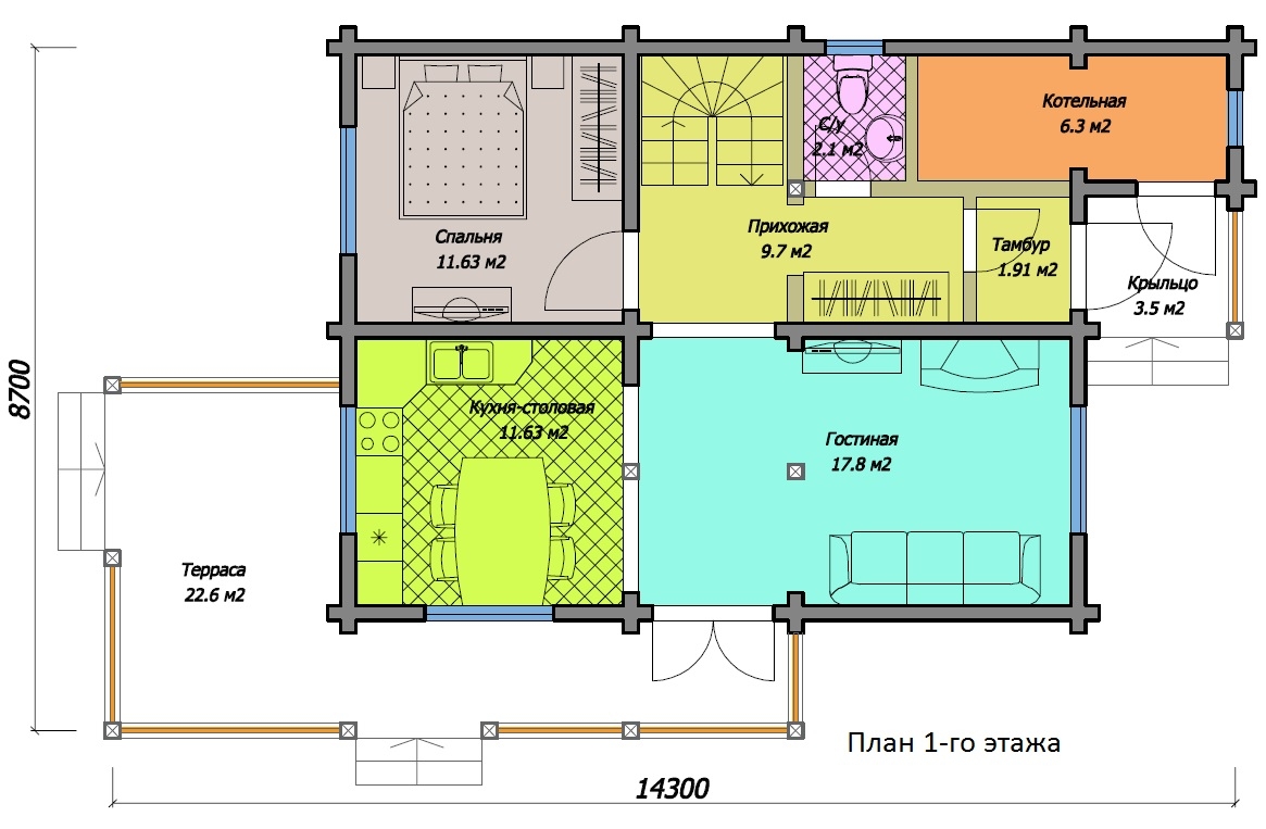 Планировка №1 - Дом из бруса 7х9 ДБ-64 Планировка №1 - Дом из бруса 7х9 ДБ-64