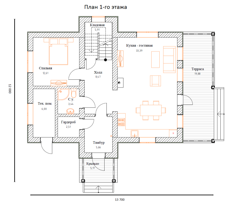 Планировка - Комбинированный дом из бруса и газоблоков КД-01
