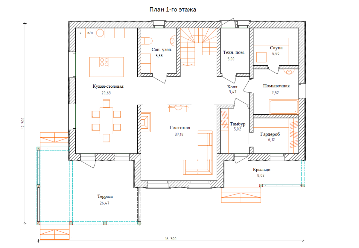Планировка №1 - Комбинированный дом из бруса и газоблоков КД-02 Планировка №1 - Комбинированный дом из бруса и газоблоков КД-02