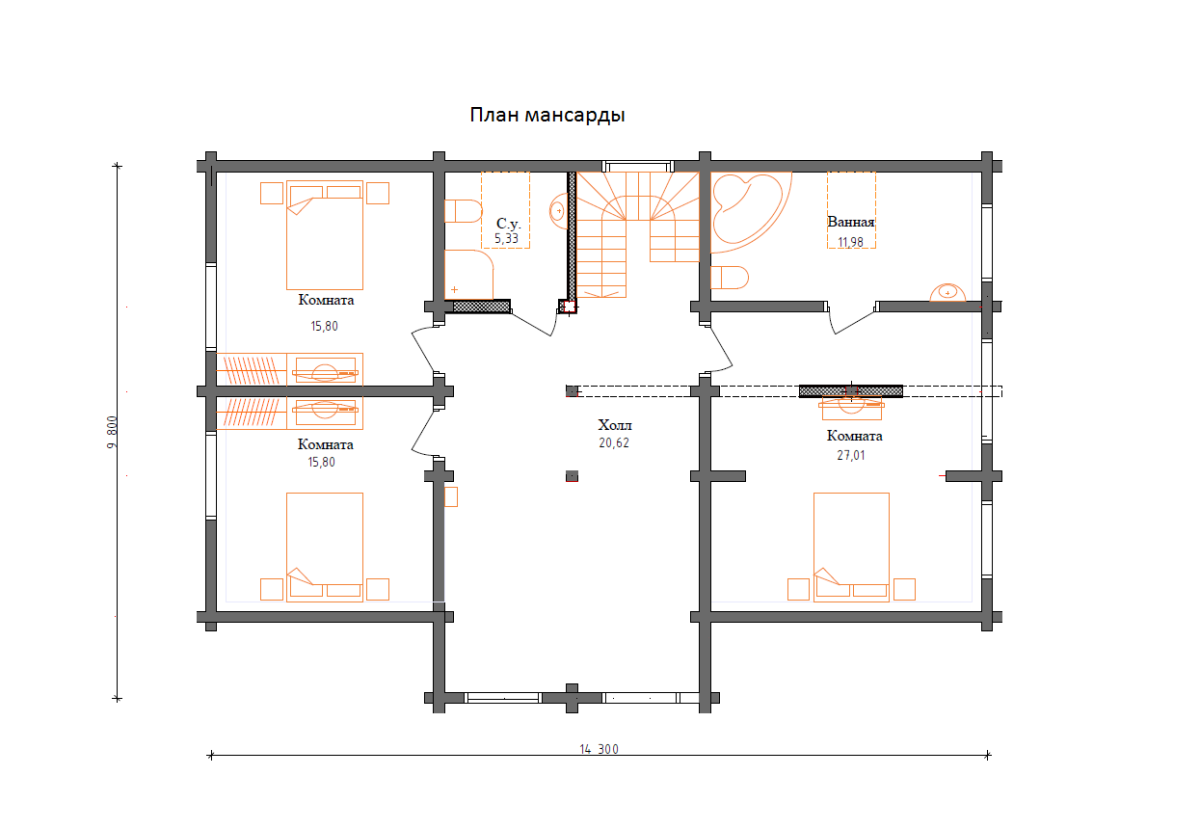 Планировка №2 - Комбинированный дом из бруса и газоблоков КД-02 Планировка №2 - Комбинированный дом из бруса и газоблоков КД-02