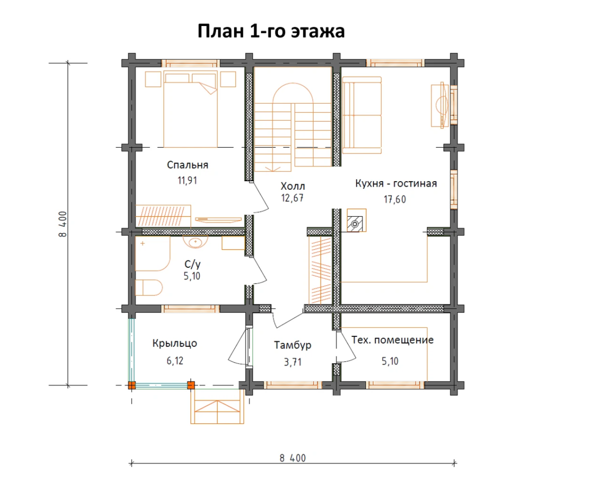 Планировка №1 - Дом из бруса 8х8 ДБ-80 Планировка №1 - Дом из бруса 8х8 ДБ-80