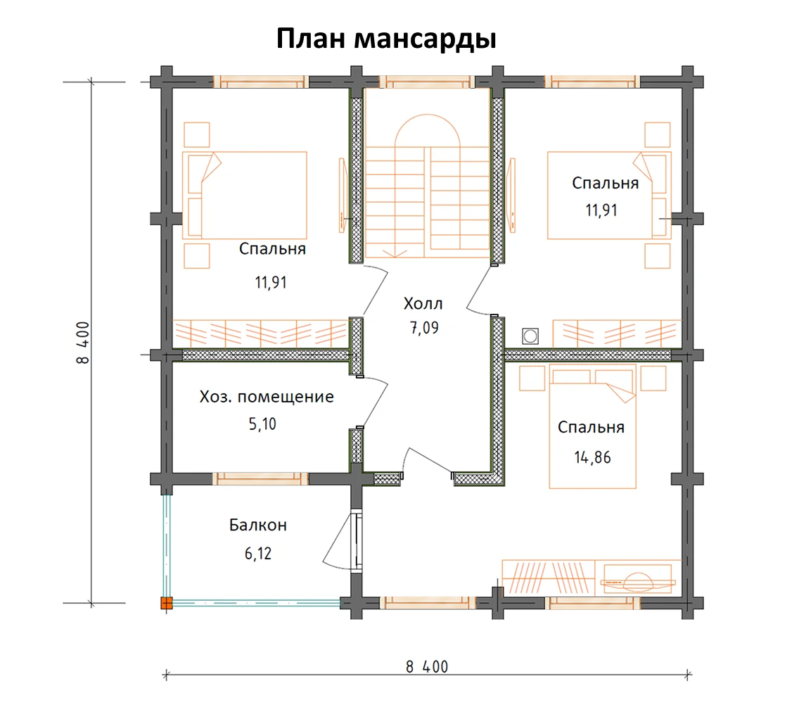 Планировка №2 - Дом из бруса 8х8 ДБ-80 Планировка №2 - Дом из бруса 8х8 ДБ-80