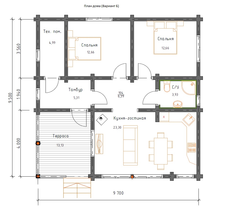 Планировка №1 - Одноэтажный дом из бруса 9х9 ДБ-4 Планировка №1 - Одноэтажный дом из бруса 9х9 ДБ-4