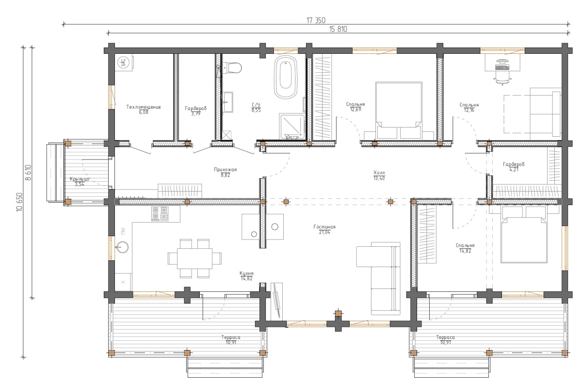 Планировка №1 - Одноэтажный дом из бруса 10х16 ДБ-5 Планировка №1 - Одноэтажный дом из бруса 10х16 ДБ-5
