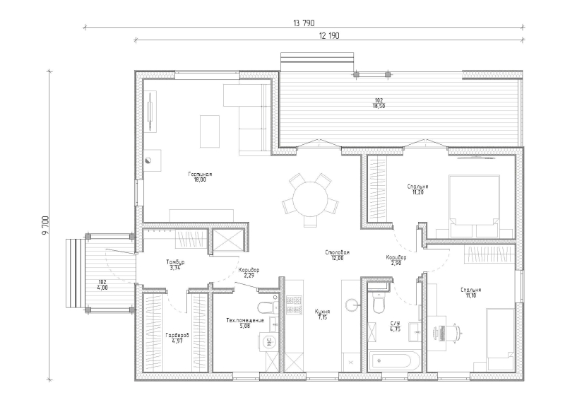 Планировка - Каркасный дом 9,7х12,2 (Проект К105)