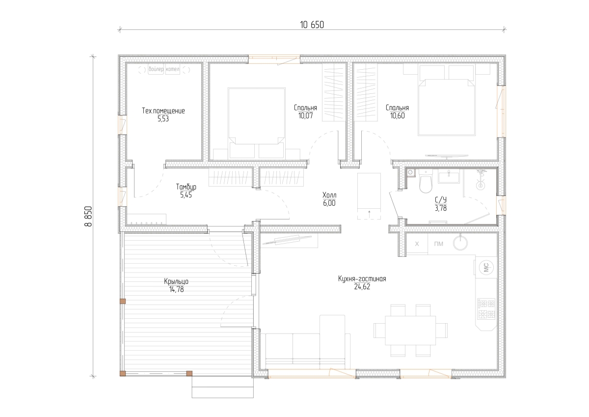 Планировка №1 - Каркасный дом 10х10 (Проект К1-6)