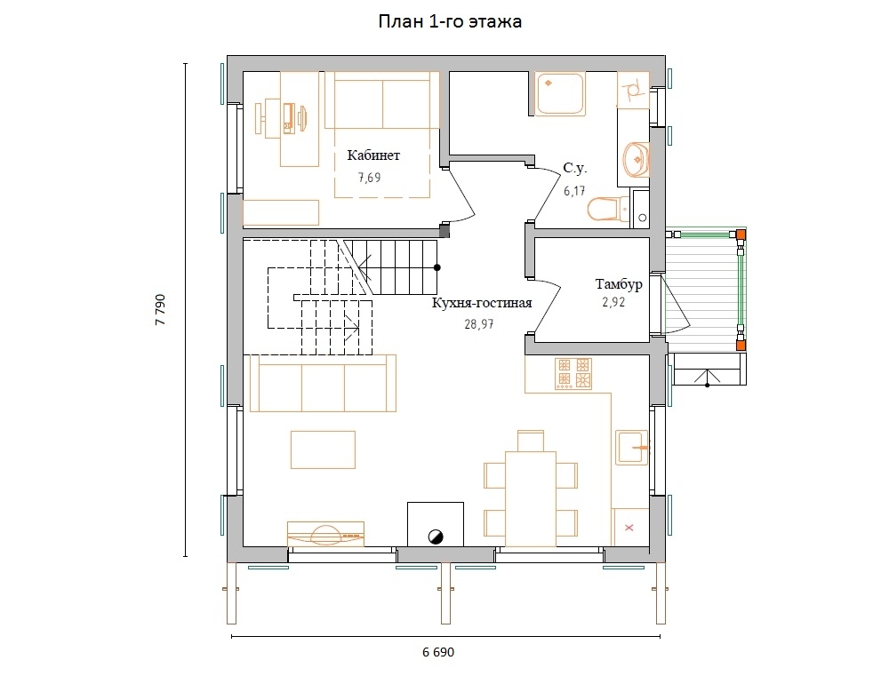 Планировка №1 - Комбинированный дом из бруса и газоблоков КД-7 Планировка №1 - Комбинированный дом из бруса и газоблоков КД-7