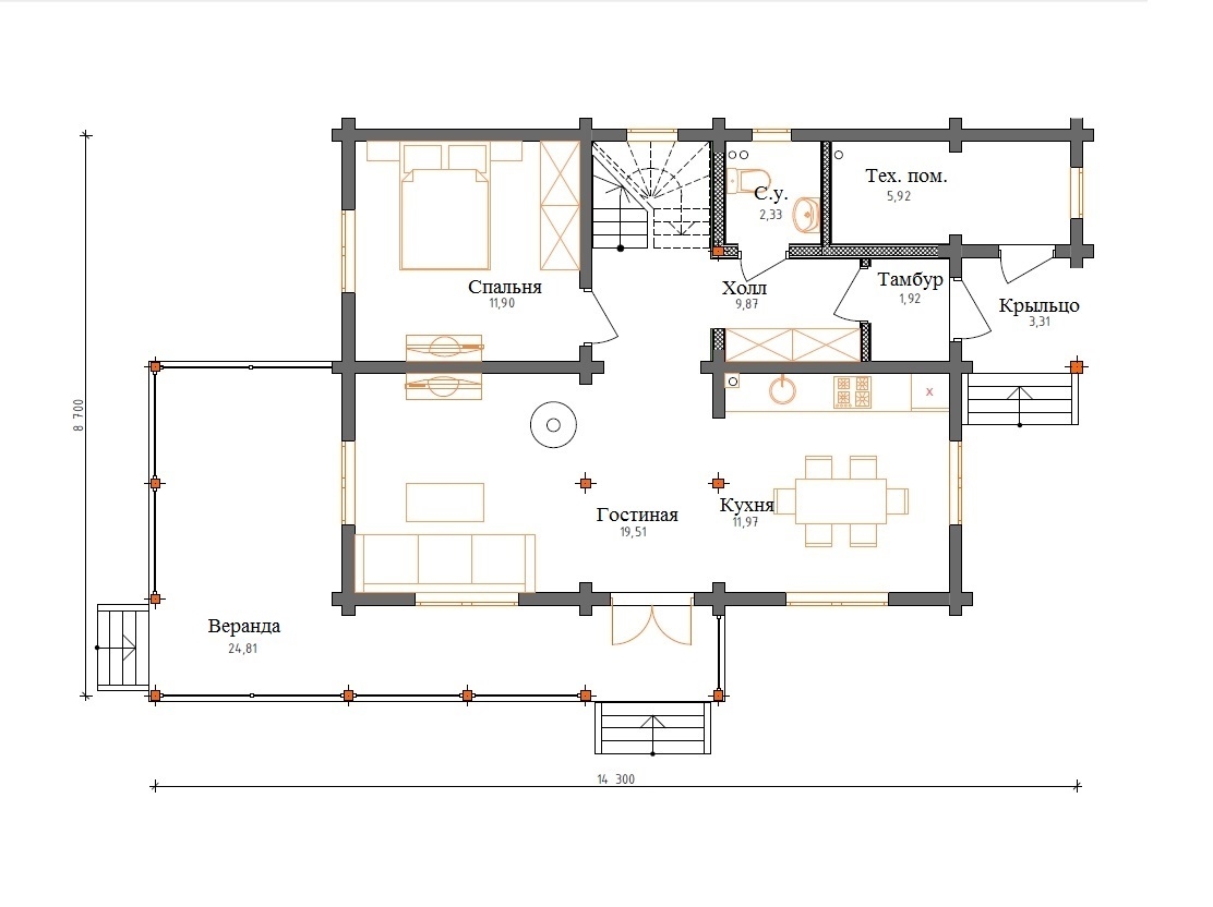 Планировка №1 - Дом из бруса в Рощино Планировка №1 - Дом из бруса в Рощино