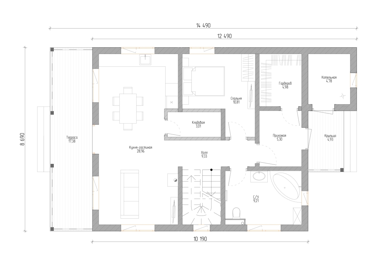 Планировка №1 - Полутораэтажный дом из газобетона 8х12 Планировка №1 - Полутораэтажный дом из газобетона 8х12