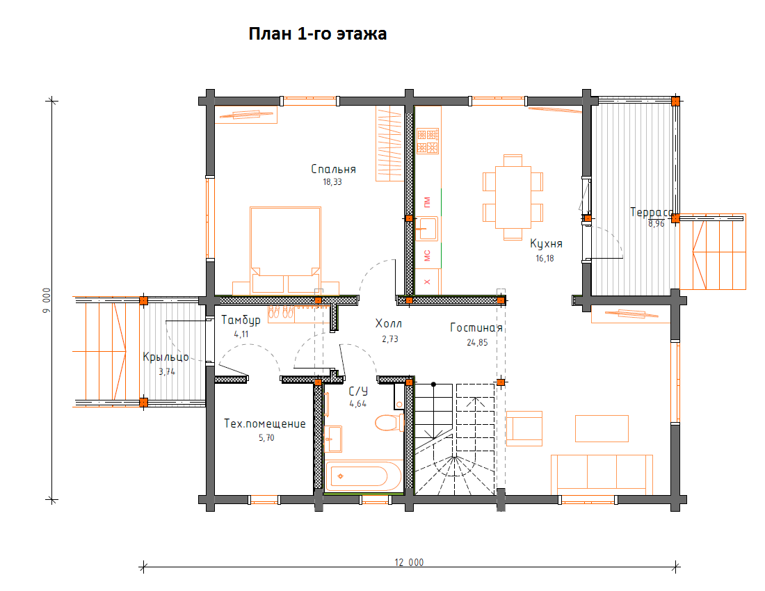 Планировка №1 - Дом из бруса 8x9 ДБ-94 Планировка №1 - Дом из бруса 8x9 ДБ-94