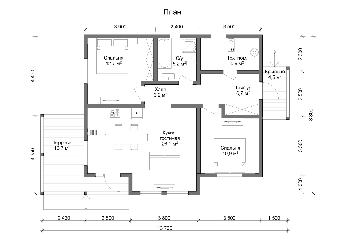Планировка №1 - Одноэтажный каркасный дом 8х9 (Проект К-70)