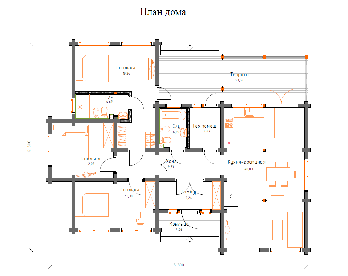 Планировка №1 - Брусовой дом в КП «Медное Озеро»
