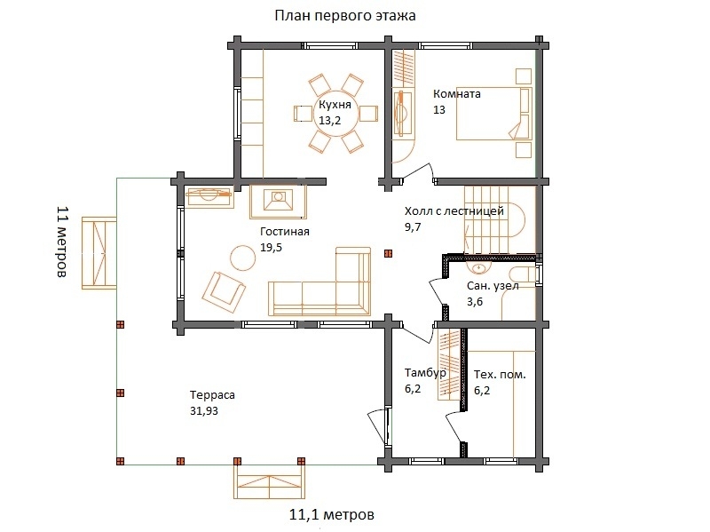 Планировка №1 - Брусовой дом в КП «Оранжерейка» Планировка №1 - Брусовой дом в КП «Оранжерейка»