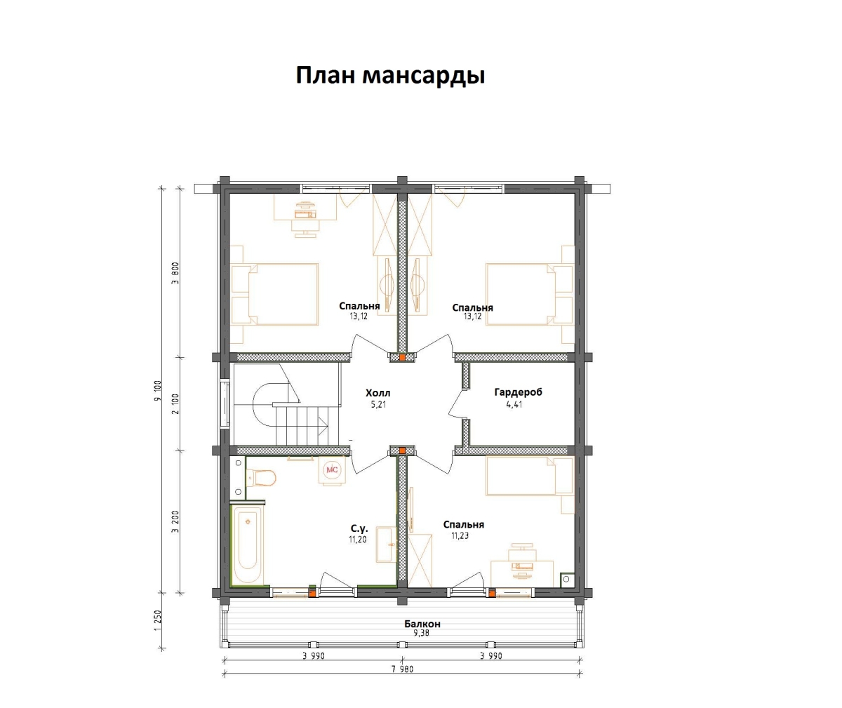 Планировка №2 - Комбинированный дом из бруса и газоблоков КД-04 Планировка №2 - Комбинированный дом из бруса и газоблоков КД-04
