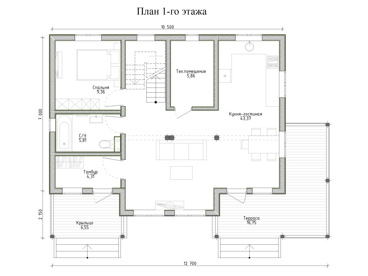 Планировка №1 - Каркасный дом 9х12 (Проект К-23) Планировка №1 - Каркасный дом 9х12 (Проект К-23)