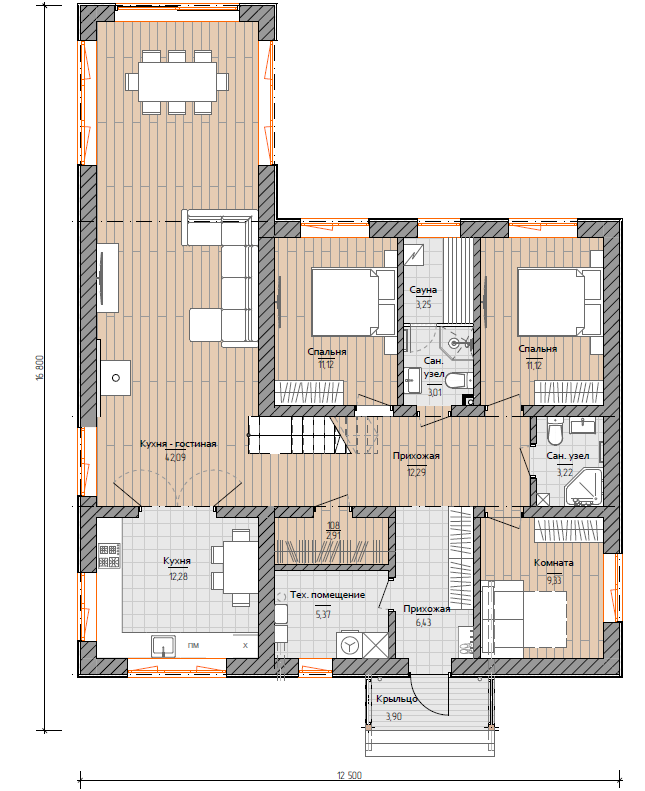 Планировка №1 - Дом из газобетона 16х12 (Проект Большая Ижора)