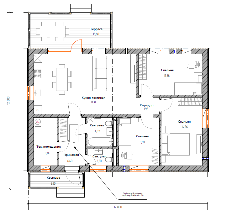 Планировка №1 - Одноэтажный дом из газобетона в Всеволожске