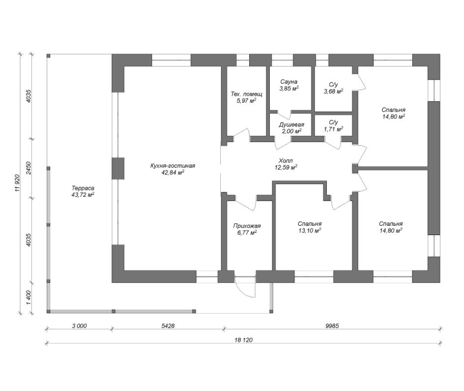 Планировка №1 - Одноэтажный дом из газобетона 12х18 Агалатово 