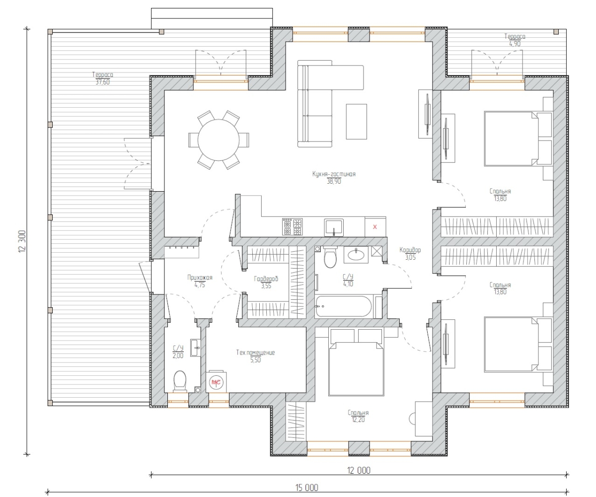Планировка №1 - Дом из газобетона с террасой 12х12 (Проект Звездочка) Планировка №1 - Дом из газобетона с террасой 12х12 (Проект Звездочка)