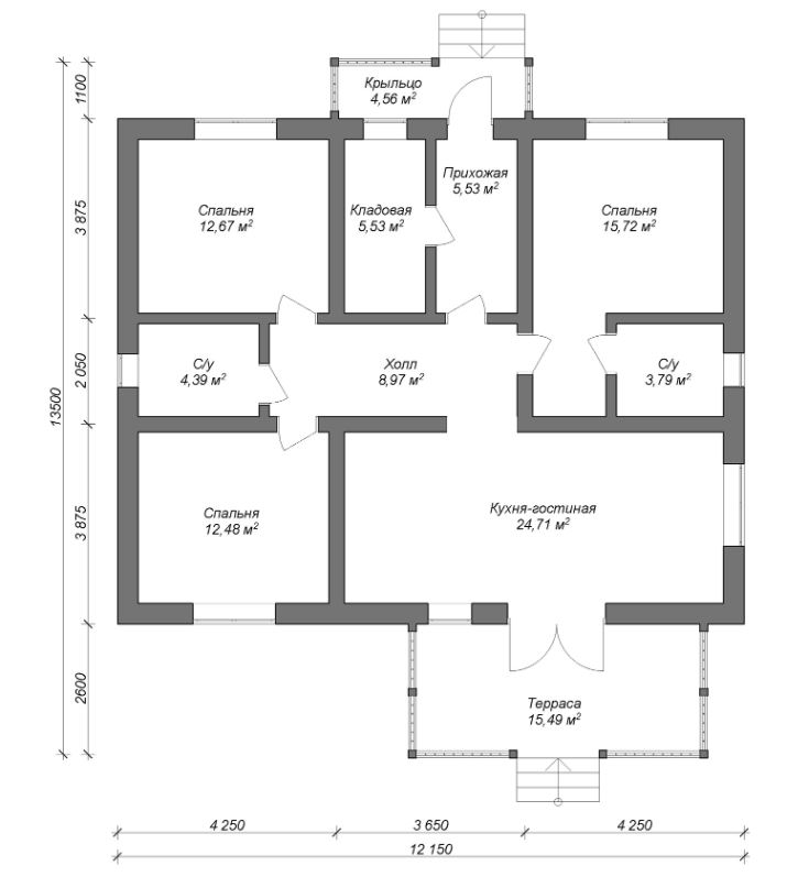 Планировка №1 - Одноэтажный дом из газобетона 12х13 Федоровское