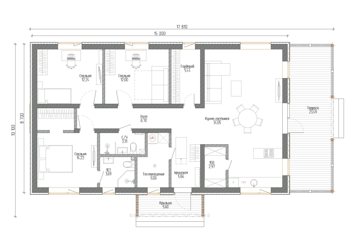 Планировка №1 - Дом из газобетона 8х15 (Проект Ускуля) Планировка №1 - Дом из газобетона 8х15 (Проект Ускуля)