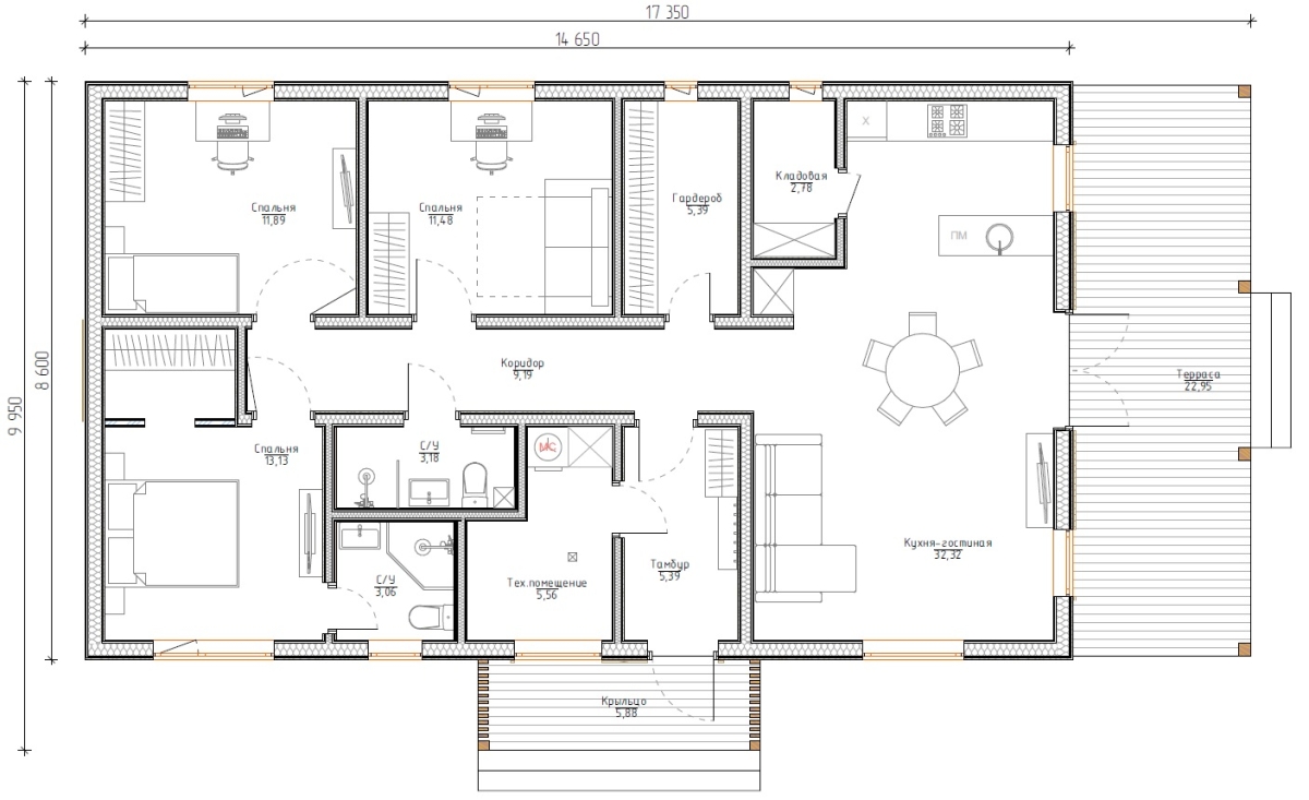 Планировка №1 - Одноэтажный каркасный дом 8х14 (Проект К-132)