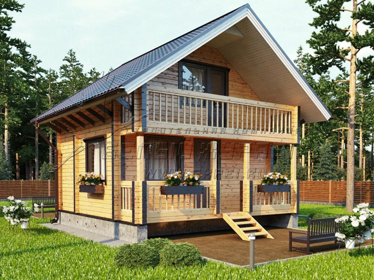 Баня из бруса с мансардой и террасой. Проект бб-34 Баня из бруса с мансардой и террасой. Проект бб-34