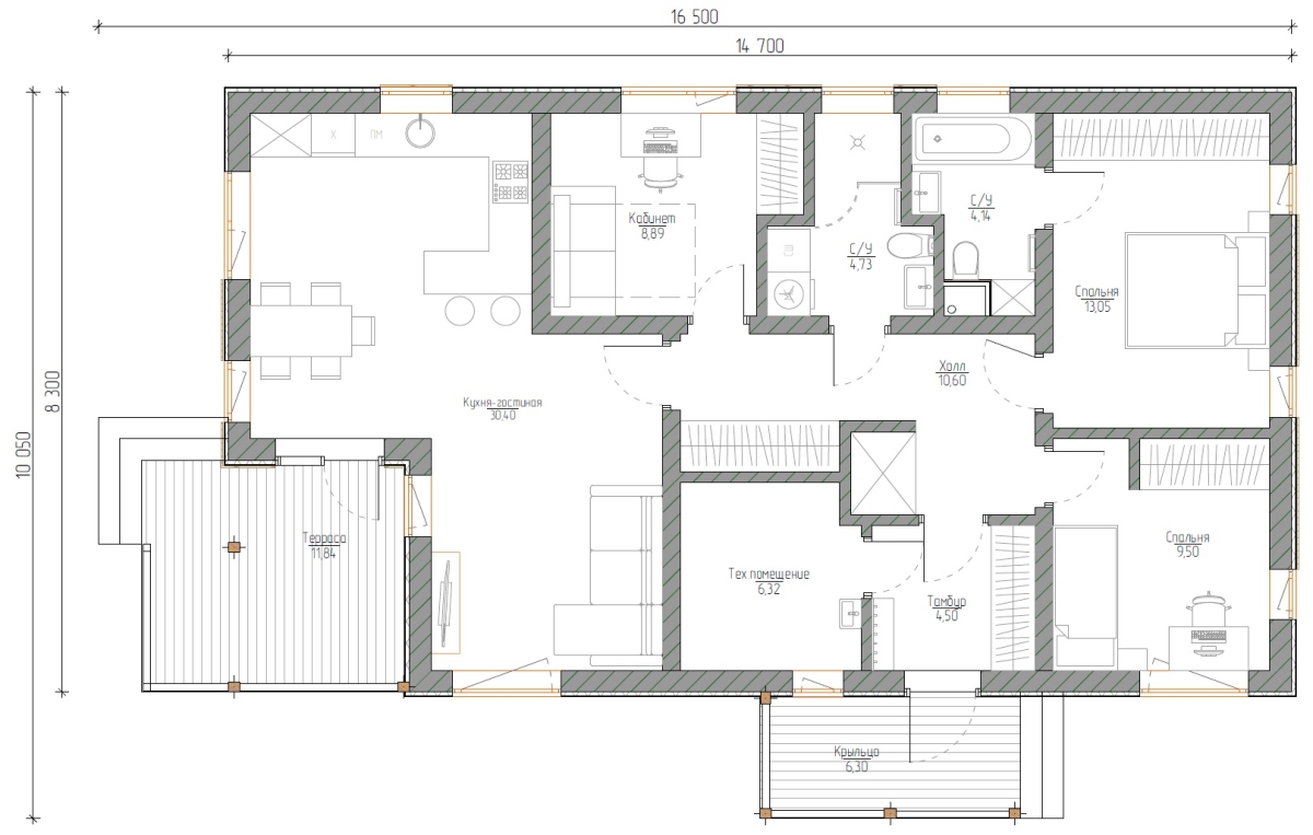 Планировка №1 - Дом из газобетона 8х14 (Проект Лужайка)