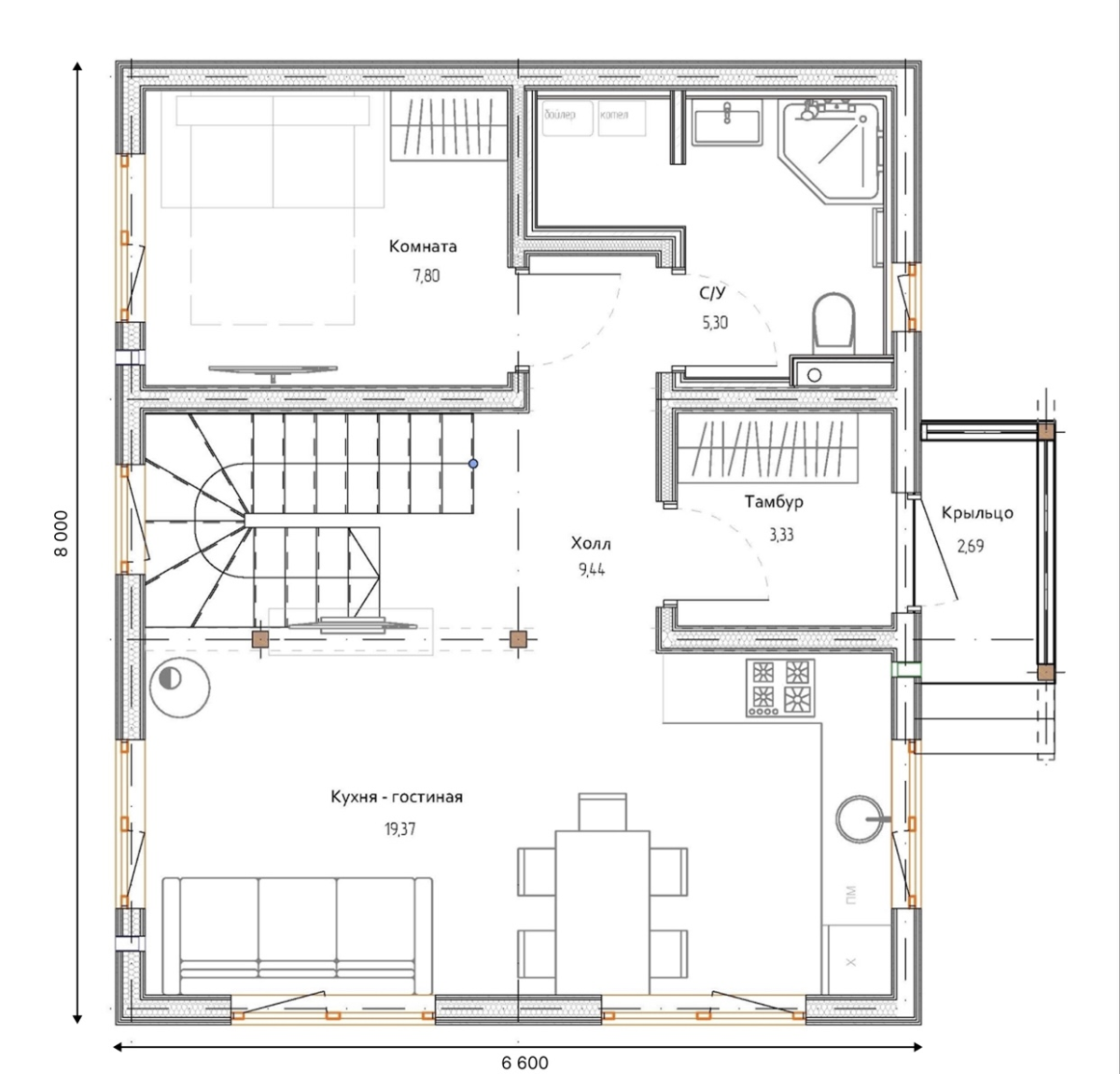 Планировка №1 - Двухэтажный каркасный дом КД-7К