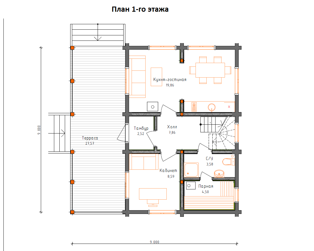 Планировка №1 - Деревянный дом из бруса 9х9 ДБ-79 Планировка №1 - Деревянный дом из бруса 9х9 ДБ-79