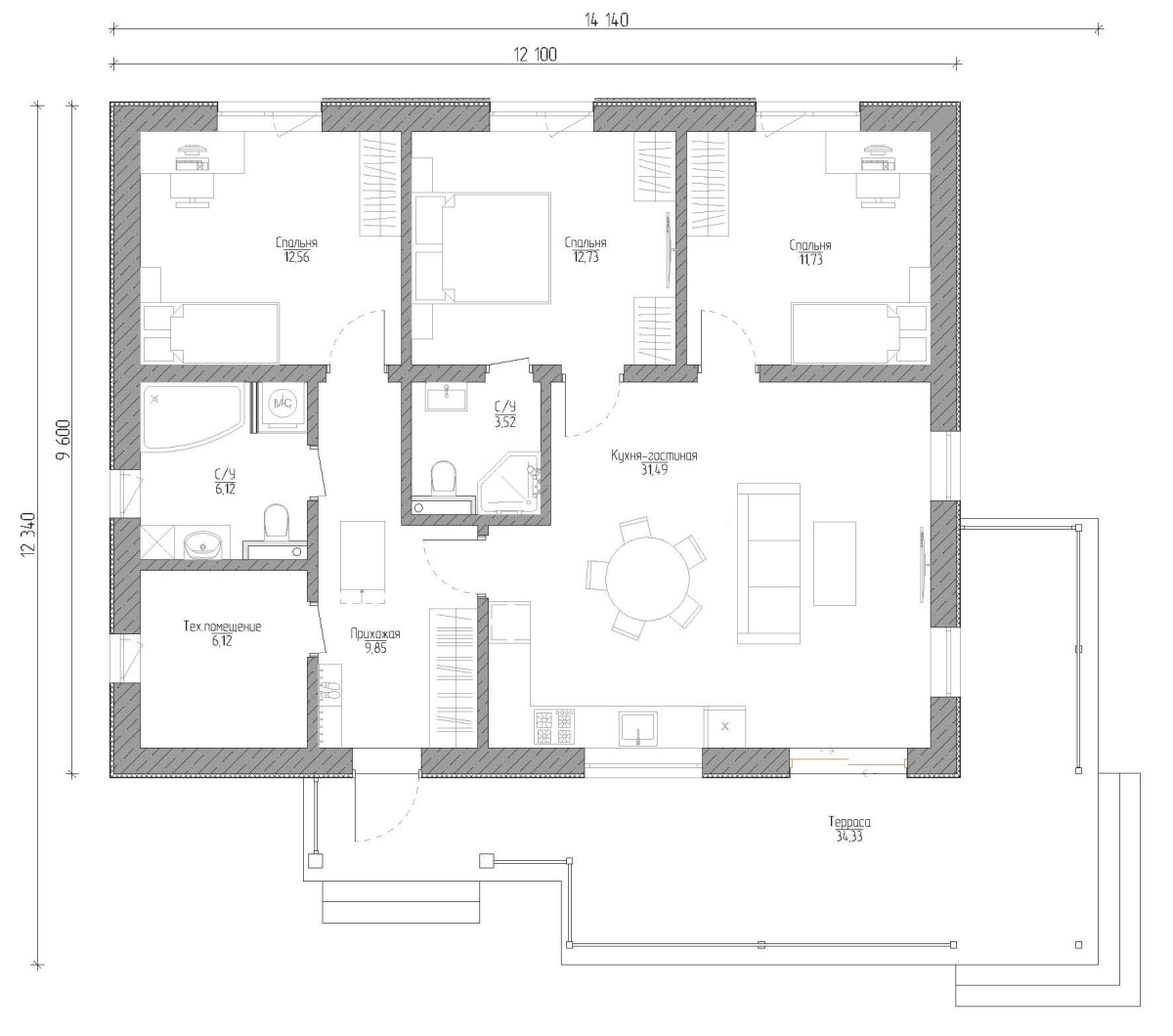 Планировка №1 - Дом из газобетона 9х12 (Проект Макаров) Планировка №1 - Дом из газобетона 9х12 (Проект Макаров)