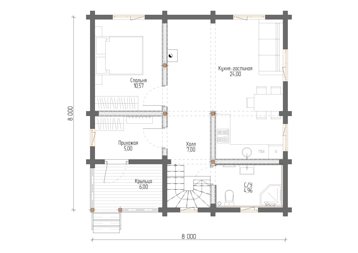 Планировка №1 - Дом из бруса 8х8 ДБ-181