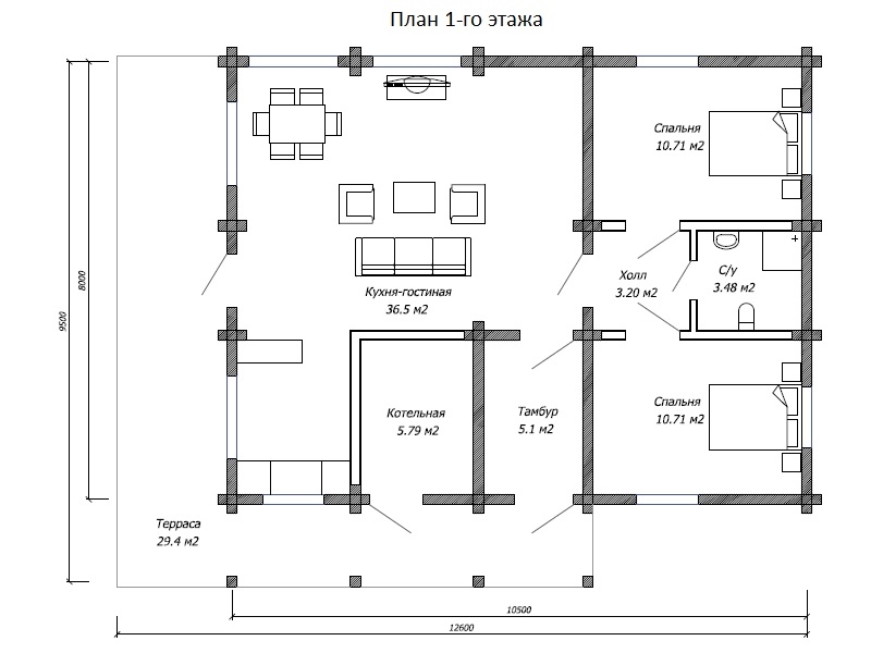 Планировка - Проект одноэтажного дома из бруса 9.5х12 ДБ-7