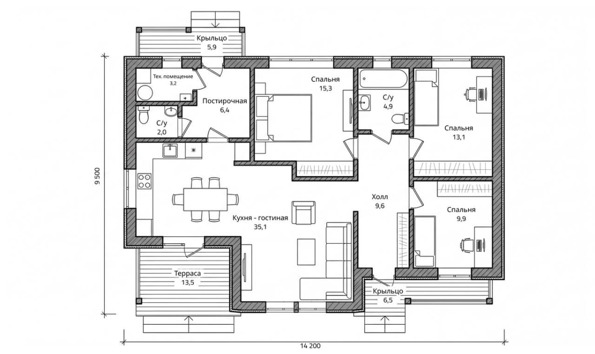 Планировка №1 - Одноэтажный каркасный дом К-71 Планировка №1 - Одноэтажный каркасный дом К-71