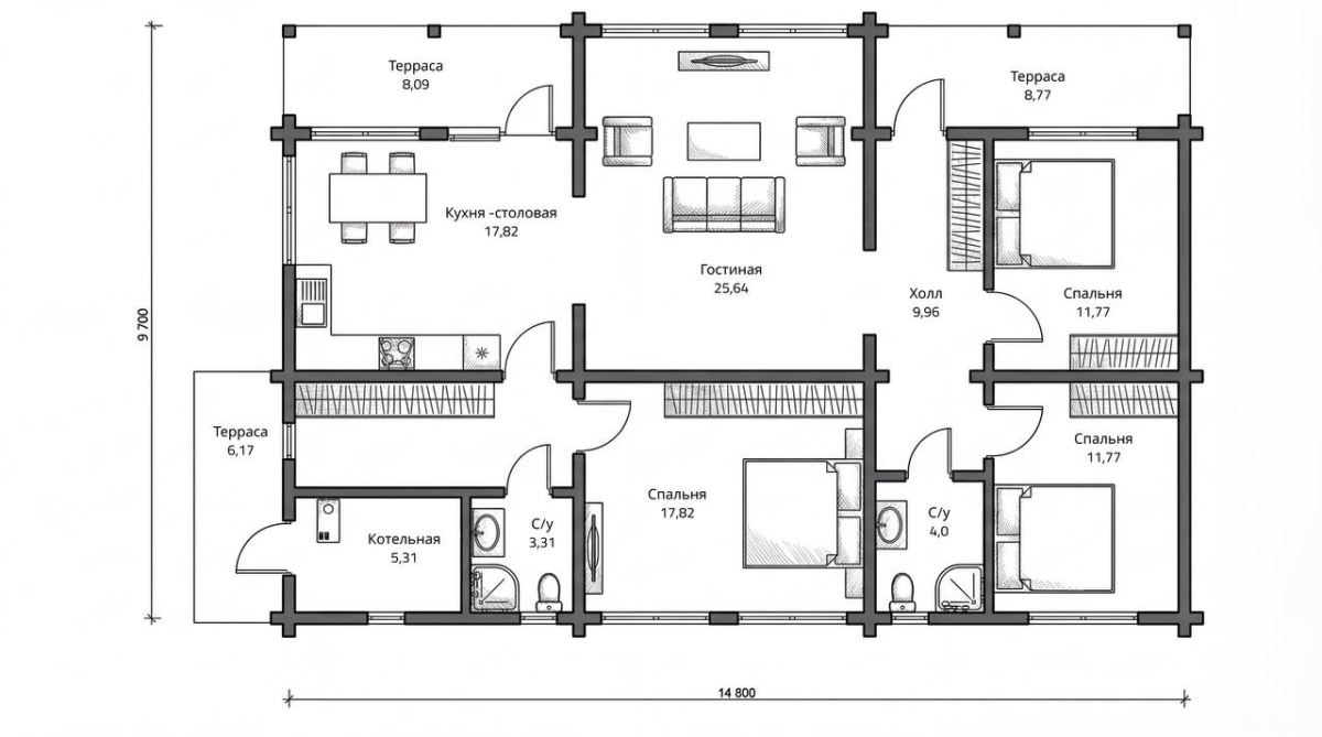 Планировка №1 - Одноэтажный дом из бруса ДБ-71 Планировка №1 - Одноэтажный дом из бруса ДБ-71