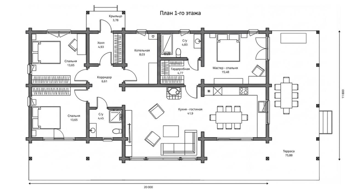 Планировка №1 - Одноэтажный дом из клееного бруса КБ-72 Планировка №1 - Одноэтажный дом из клееного бруса КБ-72