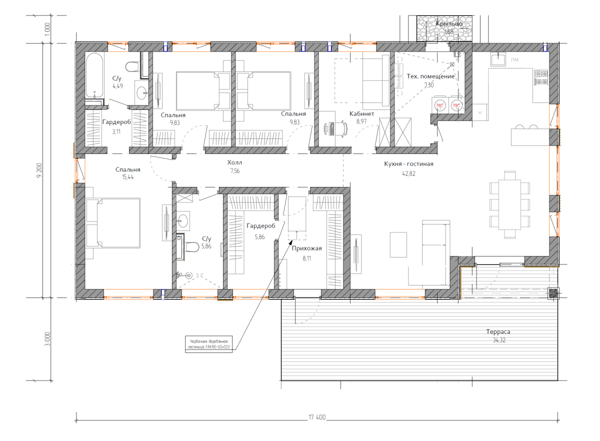 Планировка №1 - Одноэтажный дом из газобетона Мико - 5 Планировка №1 - Одноэтажный дом из газобетона Мико - 5