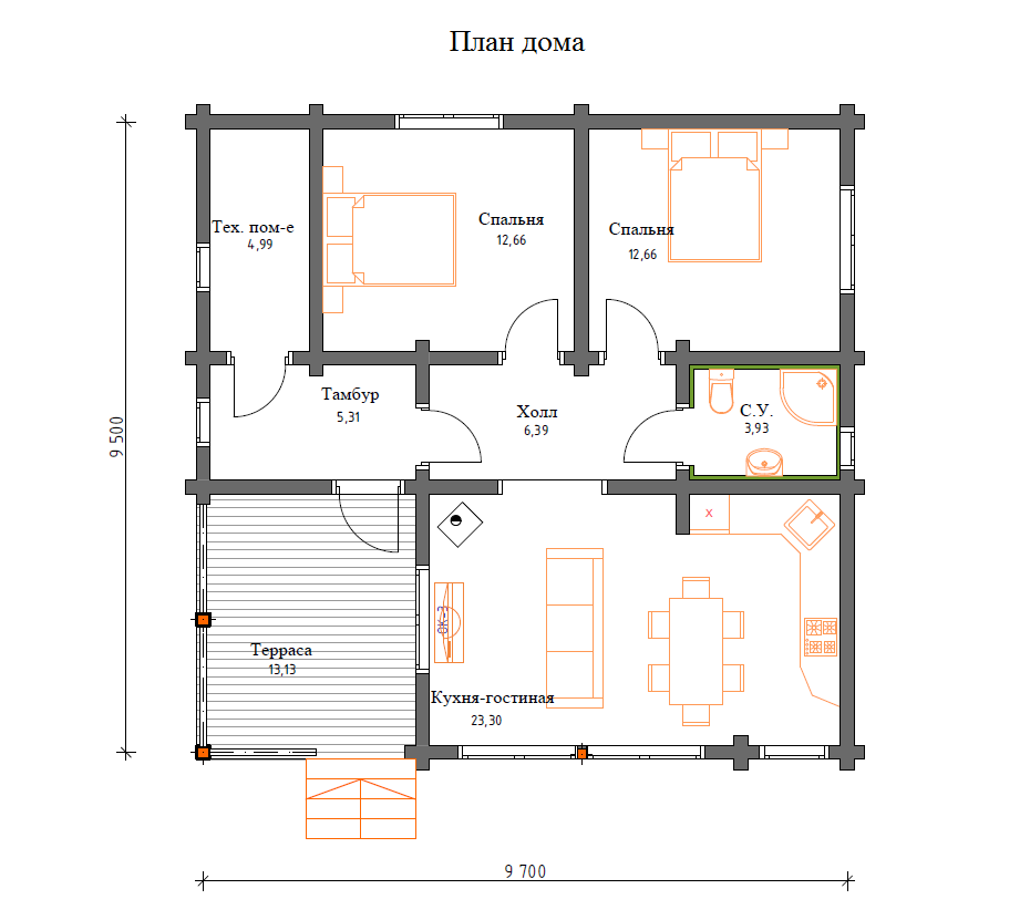 Планировка №1 - Дом из бруса в СНТ «Защита» Планировка №1 - Дом из бруса в СНТ «Защита»