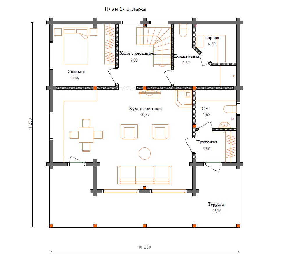 Планировка №1 - Дом из бруса 10х11 ДБ-50 Планировка №1 - Дом из бруса 10х11 ДБ-50