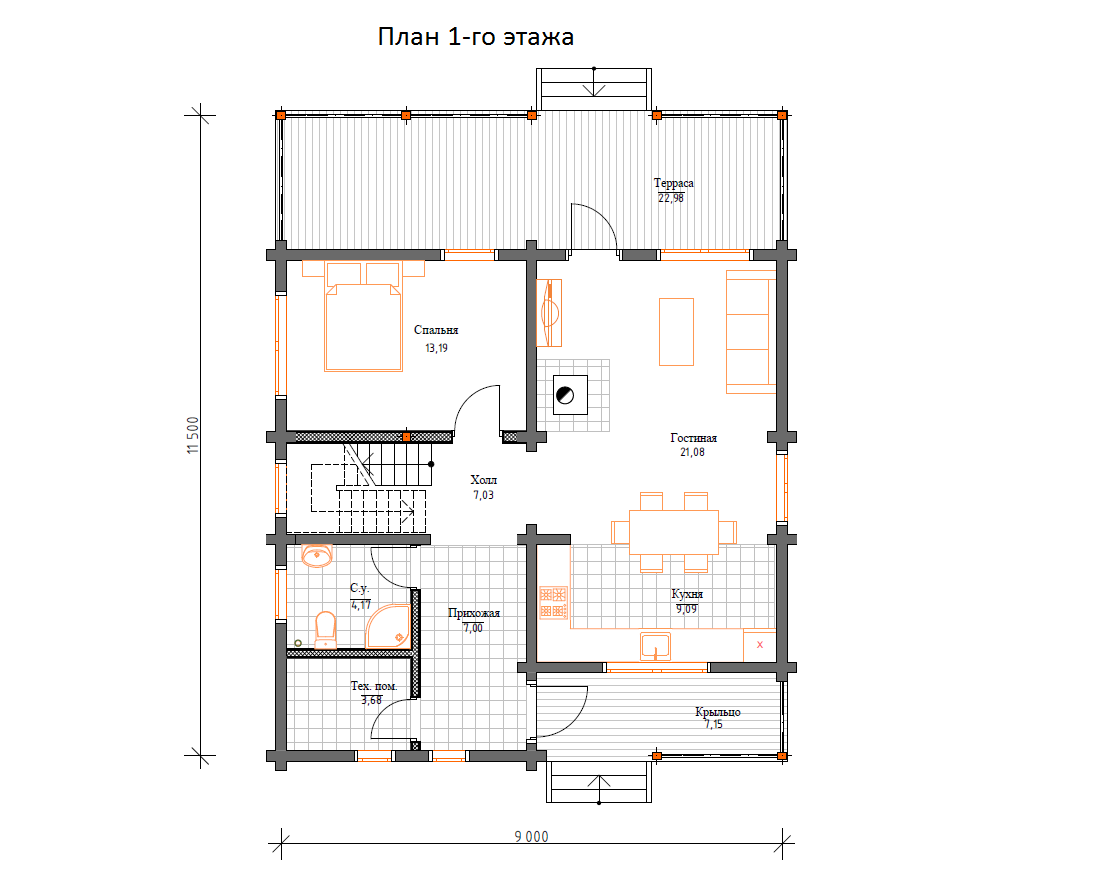 Планировка №1 - Дом 9 на 11,5 из бруса ДБ-51
