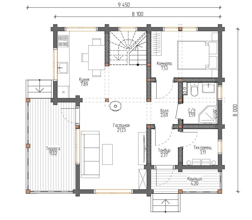 Планировка №1 - Дом из бруса 8х8 ДБ-75