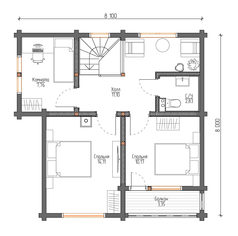 Планировка №2 - Дом из бруса 8х8 ДБ-75