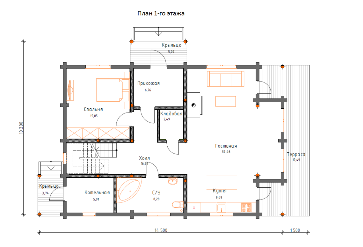 Планировка №1 - Дом из бруса 10х14 ДБ-53